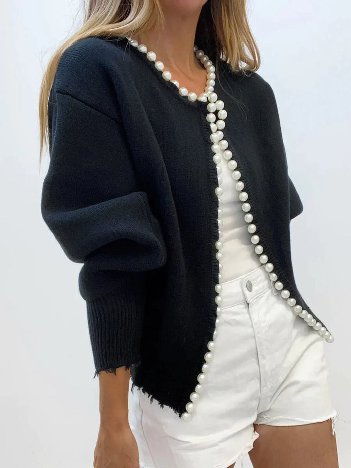 Strickjacke mit Perlenbesatz und geripptem Saum-PEARL